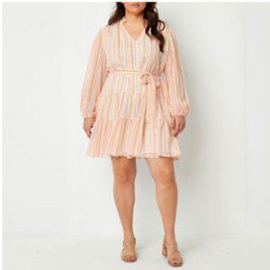 Long Sleeve Pastel Vertical Stripe Blouson Dress - 1X